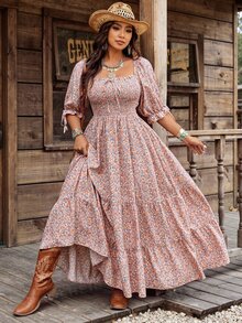Flirla Plus Size Women's Boho Bohemian Vintage Square Neck Romantic Ditsy Floral Layered Dress, For Holiday Autumn Party Wedding Guest Dusty Rose - Multicolor - View 1