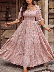 Flirla Plus Size Women's Boho Bohemian Vintage Square Neck Romantic Ditsy Floral Layered Dress, For Holiday Autumn Party Wedding Guest Dusty Rose - Multicolor - View 5