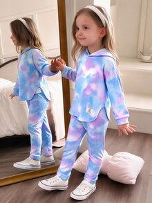 SHEIN 青少年女孩格紋連帽2件套服裝，長袖連帽衫與鬆緊腰長褲套裝，休閒春秋冬套裝 - 淡紫色 - 查看 1
