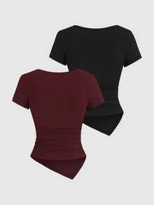 Sweetra Kaos Panjang Kancing Depan dengan Hem Asimetris Seksi Gaya Y2K - MultiWarna - View 2