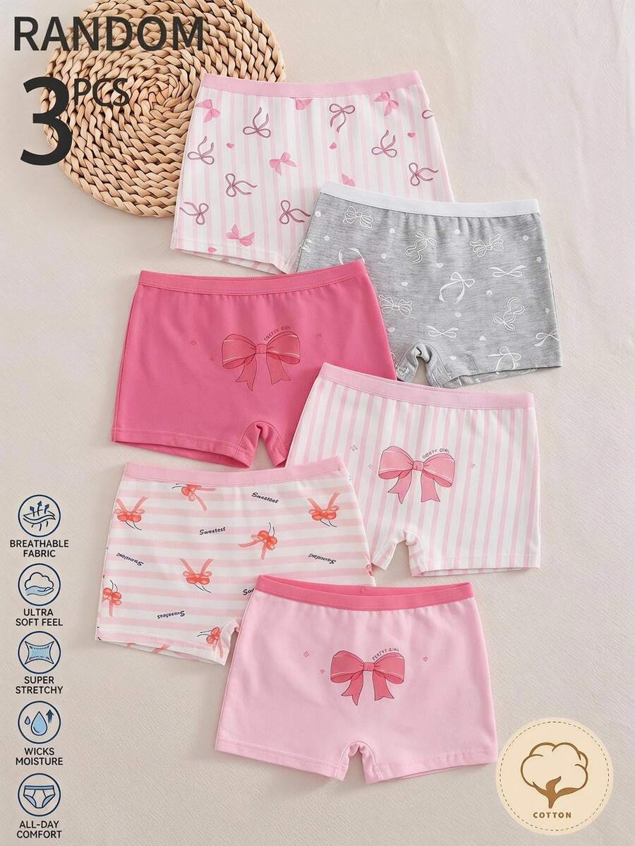 SHEIN Tween女孩 3件隨機款粉色調蝴蝶結棉質四角內褲，可愛舒適透氣休閒內褲套裝，適合日常穿著
