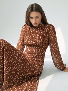 Aveloria Modichic 優雅復古藍綠漸層印花百褶胸前設計收腰長袖女款洋裝，感恩節晚餐之夜棕色波點 - 彩色 - 查看 6