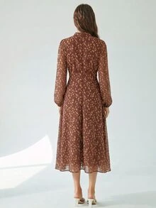Aveloria Modichic 優雅復古藍綠漸層印花百褶胸前設計收腰長袖女款洋裝，感恩節晚餐之夜棕色波點 - 彩色 - 查看 3