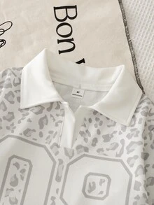 SHEIN 女童 2 件套，灰色豹紋翻領長袖針織上衣 & 灰色高腰寬腿長褲，時尚休閒套裝，適合初秋與秋冬季節 - 淺灰色 - 查看 4