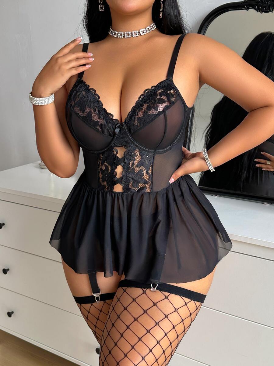 Seduluxe Plus Size 2pcs Set: Lace Contrast Mesh Lingerie Dress + G-String - Black - View 1