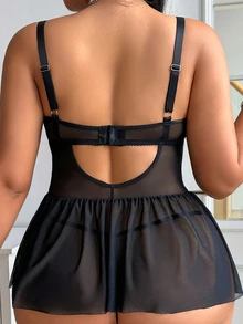 Seduluxe Plus Size 2pcs Set: Lace Contrast Mesh Lingerie Dress + G-String - Black - View 2