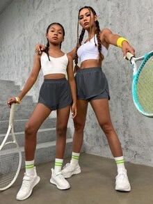 Tween 女童纯色宽松弹力腰针织短裤 - 深灰色 - 查看 5