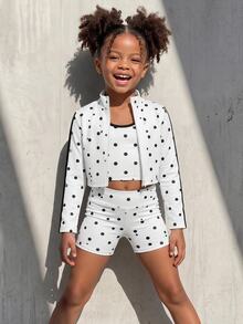SHEIN Young Girl Polka Dot Zipper Vest, Shorts Casual Sports Outfit, 3 Pieces Set Suitable For Outdoor Activities Summer - Multicolor - View 2