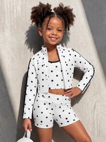 SHEIN Young Girl Polka Dot Zipper Vest, Shorts Casual Sports Outfit, 3 Pieces Set Suitable For Outdoor Activities Summer - Multicolor - View 4