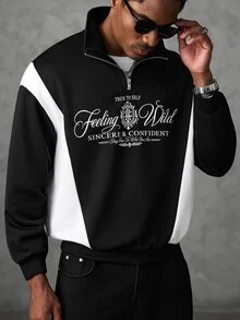 SLATEMANN Men's Autumn Casual College Style Letter Print Colorblock Half-Zip Pullover Sweatshirt With Stand Collar - Black - View 3