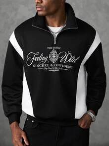 SLATEMANN Men's Autumn Casual College Style Letter Print Colorblock Half-Zip Pullover Sweatshirt With Stand Collar - Black - View 2