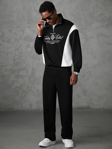 SLATEMANN Men's Autumn Casual College Style Letter Print Colorblock Half-Zip Pullover Sweatshirt With Stand Collar - Black - View 4