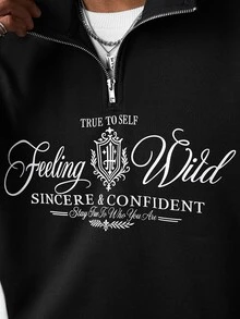 SLATEMANN Men's Autumn Casual College Style Letter Print Colorblock Half-Zip Pullover Sweatshirt With Stand Collar - Black - View 6