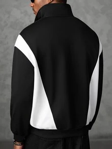 SLATEMANN Men's Autumn Casual College Style Letter Print Colorblock Half-Zip Pullover Sweatshirt With Stand Collar - Black - View 5