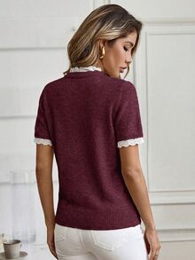 SHEIN LUNE Spring/Summer Elegant Commute & Home Daily Wear Apricot Small Round Neck Lace Trim Patchwork Knit Pullover Short Sleeve Sweater - Red Violet - View 2