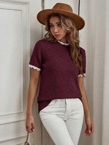 SHEIN LUNE Spring/Summer Elegant Commute & Home Daily Wear Apricot Small Round Neck Lace Trim Patchwork Knit Pullover Short Sleeve Sweater - Red Violet - View 8