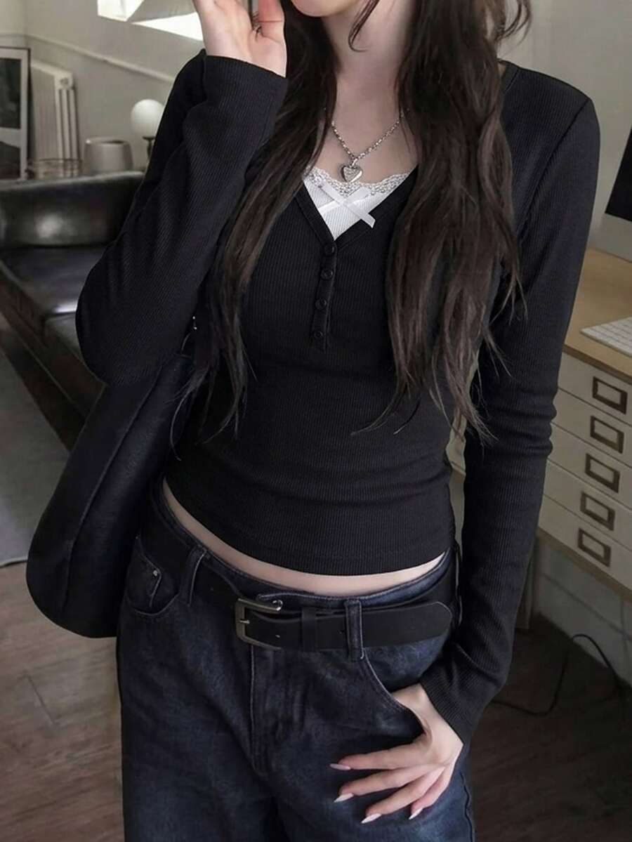Attitoon 95%棉女款休閒拼色修身長袖T恤,女款秋冬服飾,蕾絲拼接,Y2K穿搭 - 黑與白 - 查看 1
