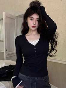 Attitoon 95%棉女款休閒拼色修身長袖T恤，女款秋冬服飾，蕾絲拼接，Y2K穿搭 - 黑與白 - 查看 3