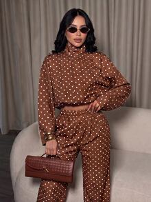 SOLERSUN Rust Brown Polka Dot Front Zipper Jacket Dress, Casual Vintage Elegant Fall Daily Dress High Tea Daytime - Rust Brown - View 9