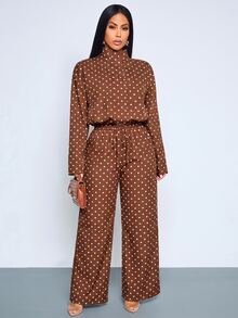 SOLERSUN Rust Brown Polka Dot Front Zipper Jacket Dress, Casual Vintage Elegant Fall Daily Dress High Tea Daytime - Rust Brown - View 6