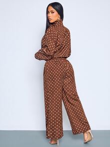SOLERSUN Rust Brown Polka Dot Front Zipper Jacket Dress, Casual Vintage Elegant Fall Daily Dress High Tea Daytime - Rust Brown - View 3