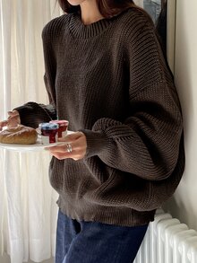 DAZY 孔眼细节罗纹针织落肩毛衣、长袖上衣、秋装 - 咖啡棕 - 查看 2