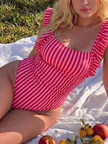 SHEIN Swim Plus Size Women Square Neck Ruched Belly Slimming Striped Print One-Piece Triangle Swimsuit Minimalist Daily Swimwear - Hot Pink - View 3