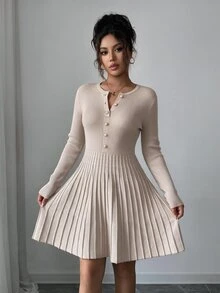 Wandoria Fall/ Button Up Vintage French Elegant Sweater Dress A Line Ribbed Casual Women's Half-Placket Knit Dress For Party Everyday Date Wedding Club Apricot - Apricot - View 5