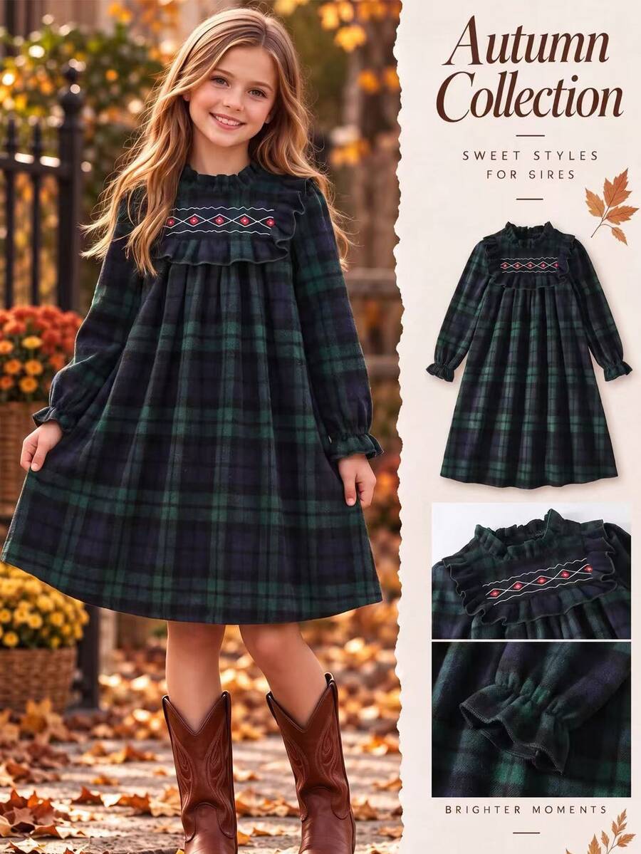 SHEIN Girls' Woven Green Plaid Woolen Print Princess Dress, Simple Elegant Fashion Comfortable, Suitable For Outings And Spring/Autumn Seasons - Green - View 1