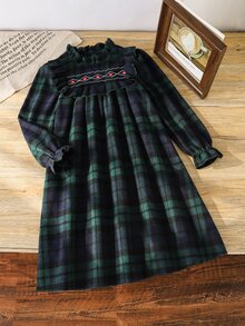 SHEIN 女童綠色格紋編織羊毛印花公主洋裝，簡約優雅時尚舒適，適合外出與春秋季節 - 綠色 - 查看 3