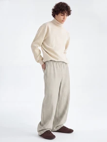 Manfinity Homme 男士千鳥格圖案直筒寬鬆休閒長褲，附口袋 - 米色 - 查看 4