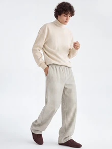 Manfinity Homme 男士千鳥格圖案直筒寬鬆休閒長褲，附口袋 - 米色 - 查看 3