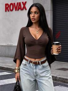 Rovax Regular Fit V-Neck Long Sleeve Top - Brown - View 3