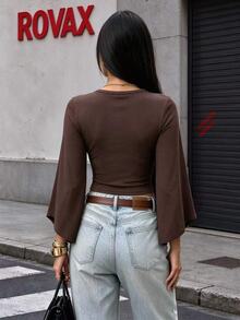 Rovax Regular Fit V-Neck Long Sleeve Top - Brown - View 2