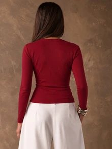 INAWLY Dark Red Deep V-Neck Tie-Front Long Sleeve Ribbed Knit Top, Slim Fit Christmas Dinner Cocktail Fall Elegant Sexy - Burgundy - View 2