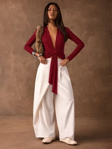 INAWLY Dark Red Deep V-Neck Tie-Front Long Sleeve Ribbed Knit Top, Slim Fit Christmas Dinner Cocktail Fall Elegant Sexy - Burgundy - View 6