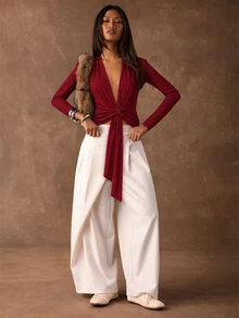 INAWLY Dark Red Deep V-Neck Tie-Front Long Sleeve Ribbed Knit Top, Slim Fit Christmas Dinner Cocktail Fall Elegant Sexy - Burgundy - View 4
