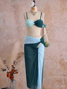 SHEIN Swim 女款泳衣套裝，露背扭轉撞色比基尼上衣，純色三角比基尼泳褲，網紗裙，夏季海灘派對青藍色性感 - 綠色 - 查看 5