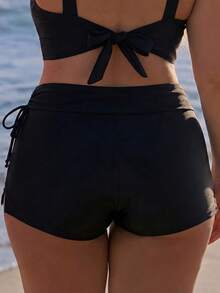 SHEIN Swim Plus Size Women 1 Piece Solid Color Cinched Waist Tummy Cover Sports Vacation Beach Cycling Bikini Bottom Summer Black Baggy Elegant Oversize - Black - View 2