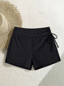 SHEIN Swim Plus Size Women 1 Piece Solid Color Cinched Waist Tummy Cover Sports Vacation Beach Cycling Bikini Bottom Summer Black Baggy Elegant Oversize - Black - View 8