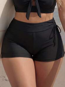 SHEIN Swim Plus Size Women 1 Piece Solid Color Cinched Waist Tummy Cover Sports Vacation Beach Cycling Bikini Bottom Summer Black Baggy Elegant Oversize - Black - View 5