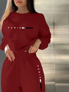 Zolique Paris Minimalist Digital Print Front Casual Comfortable Versatile Women Fleece Sweatshirt And Pants Set Gym Black And White Checkered Winter - Burgundy - View 6