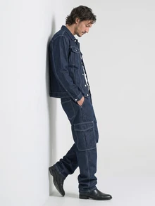 Slateforde Setelan Jas Pria 2 Potong: Atasan Lengan Panjang dengan Kancing Depan dan Celana Jeans, Desain Sederhana dengan Saku, Model 2 Potong - Dark Wash - View 7