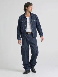 Slateforde Setelan Jas Pria 2 Potong: Atasan Lengan Panjang dengan Kancing Depan dan Celana Jeans, Desain Sederhana dengan Saku, Model 2 Potong - Dark Wash - View 2