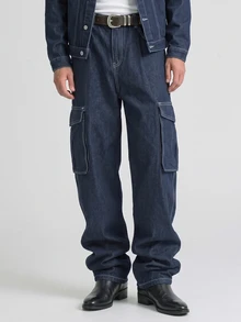 Slateforde Setelan Jas Pria 2 Potong: Atasan Lengan Panjang dengan Kancing Depan dan Celana Jeans, Desain Sederhana dengan Saku, Model 2 Potong - Dark Wash - View 5
