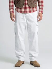 Slateforde Men's Solid Color Cargo Pocket Loose Fit Wide Leg Jeans - White - View 5
