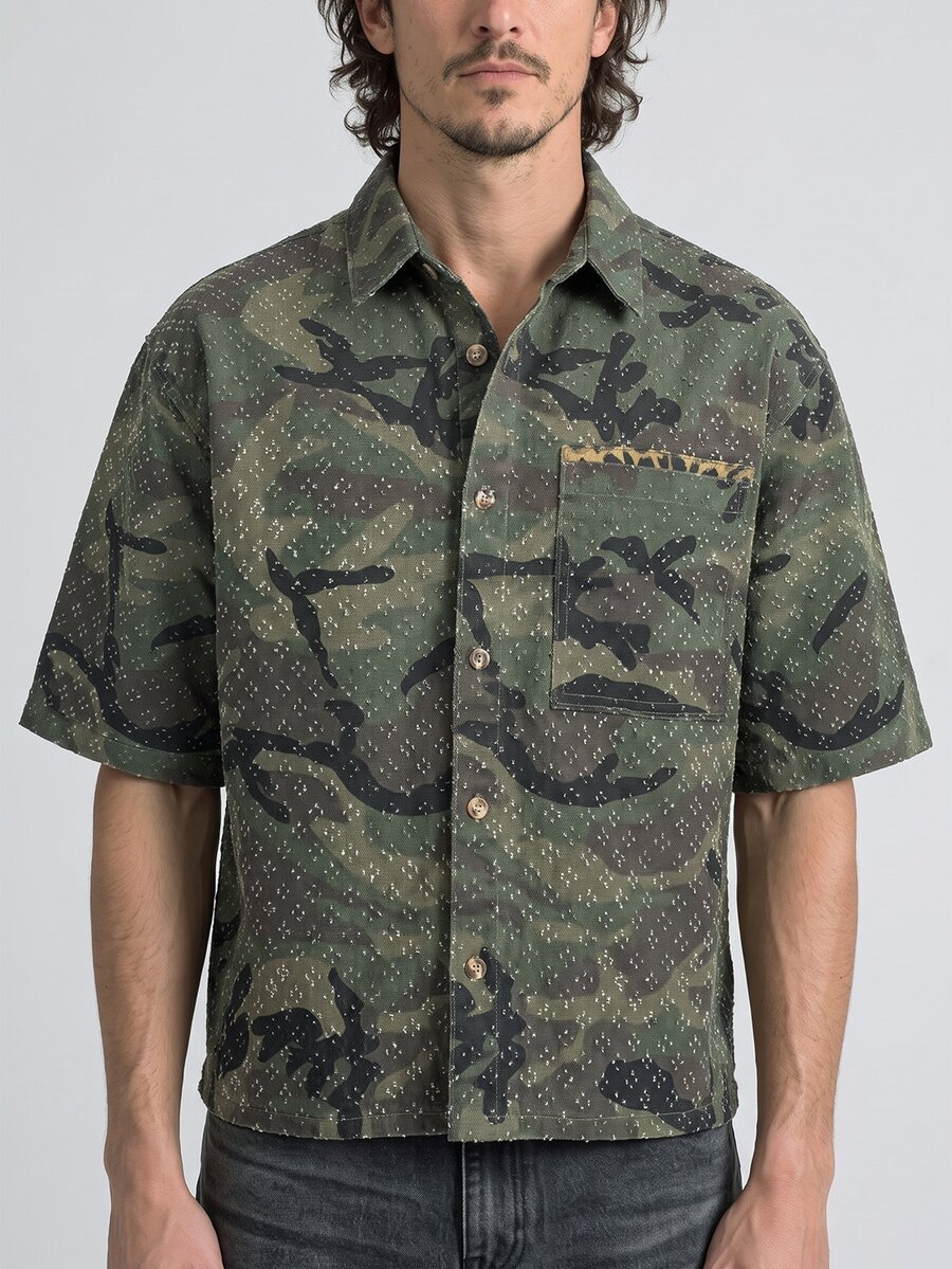 Slateforde Men's Casual Loose Crochet Camouflage Denim Short Sleeve Shirt, Street Fashion