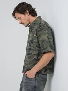 Slateforde Men's Casual Loose Crochet Camouflage Denim Short Sleeve Shirt, Street Fashion - Army Green - View 4
