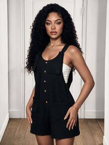 Zolique Women Summer Solid Button Decoration Casual Jumpsuit - Black - View 2