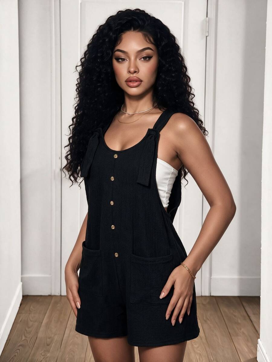 Zolique Women Summer Solid Button Decoration Casual Jumpsuit